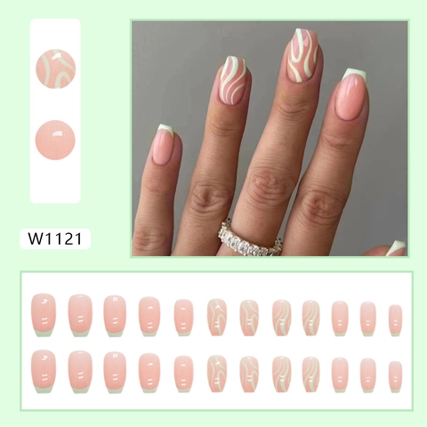 Uñas Postizas Cortas Tipo Ballet Rosa Y Verde Menta Patrón De Ondas De Agua Francesas Uñas Artificiales Dulces