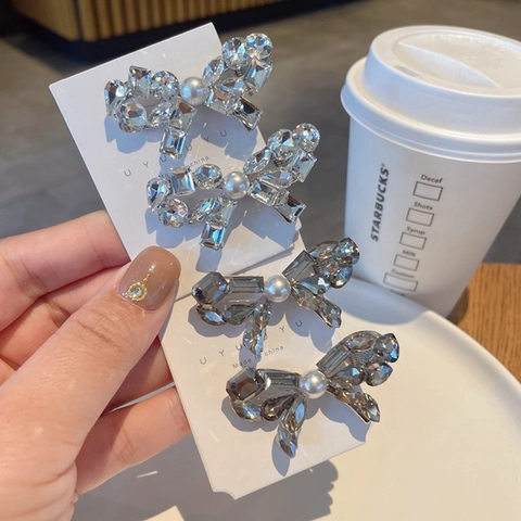 Pinza Para El Pelo Con Lazo Elegante Brillante Diamantes De Imitación Cristal Perla Artificial De Imitación Pasador Para Mujer Hecho A Mano
