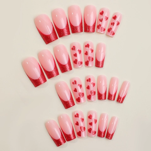 Uñas Postizas Largas Coffin Press On Purpurina Roja French Tip Patrón Corazón Nude Rosa Brillante Con Pegatina De Pegamento Lima De Uñas