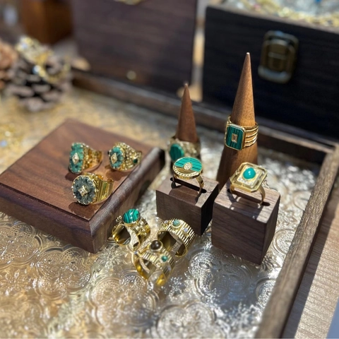 Anello Aperto Vintage Acciaio Inossidabile Dorato Malachite Pietra Di Pino Africano Zircone Geometrico Regolabile Gioielli Boho Donna