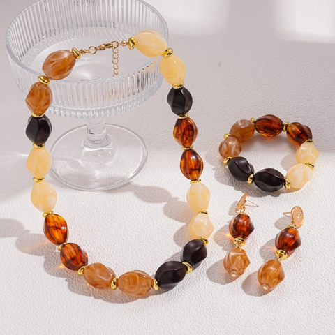 Retro Ethnic Geometric Beaded Necklace Bracelet Earrings Acrylic Alloy With Silver Earring Post For Women Bohemian