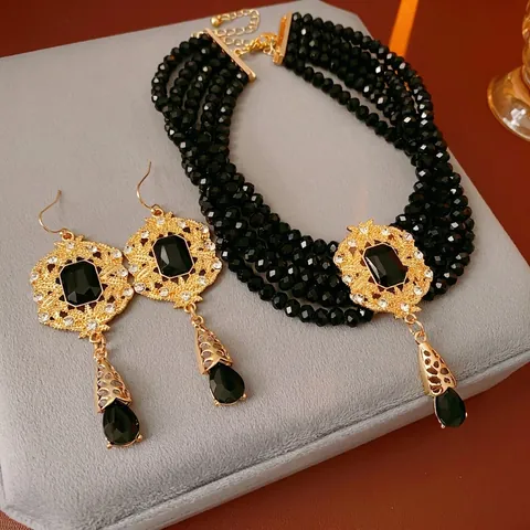 Vintage Baroque Jewelry Alloy Glass Multi Layer Beaded Choker Necklace With Water Drop Pendant Matching Earrings For Women