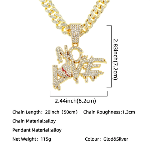 Collier Pendentif Cœur Brisé No Love Alliage Strass Chaîne Cubaine Style Hip Hop Bijoux Pour Hommes