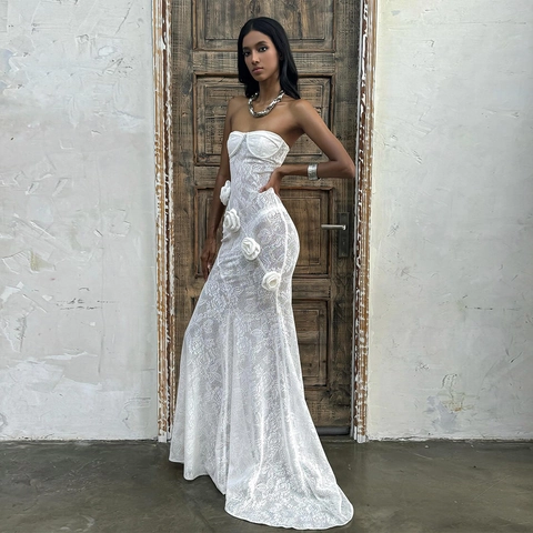 Vestito Lungo In Pizzo Senza Spalline Decorazione Floreale Dimensionale Prospettiva Trasparente Bodycon Elegante Abito Da Sera