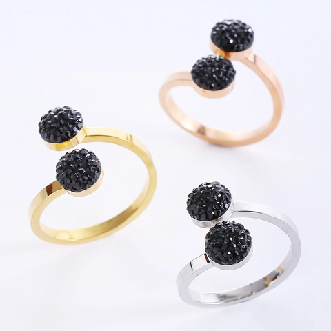 Anillo Abierto Geométrico De Acero Inoxidable Con Doble Bola De Circón Negro Joyería Minimalista Ajustable Para Mujer