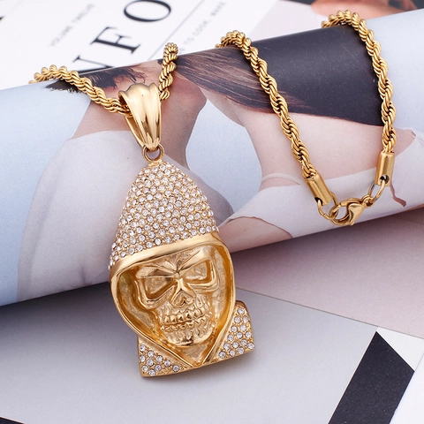Hip Hop Iced Out Skull Pendant Necklace Stainless Steel Gold Plated Hooded Ghost Gothic Jewelry For Men Rope Chain