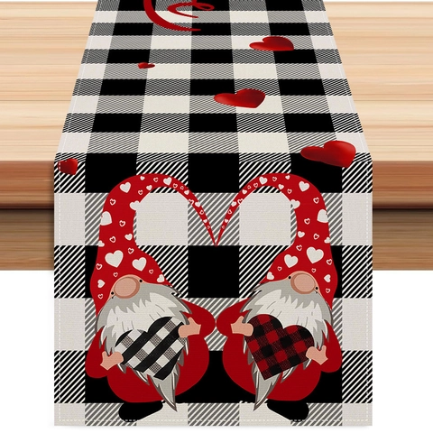 Valentijnsdag Kabouter Tafelloper Linnen Polyester Hartpatroon Buffalo Plaid Eettafel Decoratie Boerderijstijl