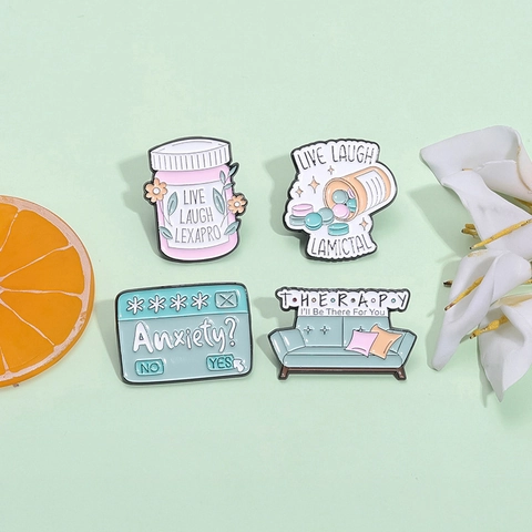 Creative Alloy Enamel Pin Set Mental Health Humor Medical Brooch Therapy Anxiety Pill Bottle Badge Accessories Jewelry Gift