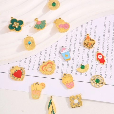 Gold Plated Stainless Steel Enamel DIY Charms Pendants Heart Clover Shapes For Jewelry Making Necklace Bracelet Decoration