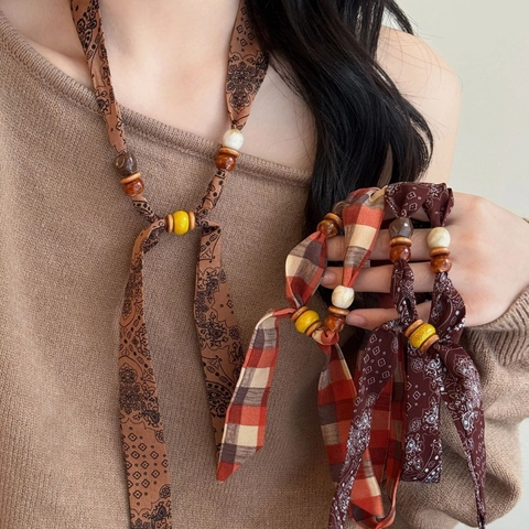 Collar De Cuentas De Tela Bohemio Vintage Étnico Estampado Paisley Floral Resina Madera Cadena Larga Para Mujer