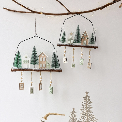 Christmas Hanging Ornaments Wooden Miniature House Nordic Style Wall Window Festive Decor Pine Cones Metal Wire Frame