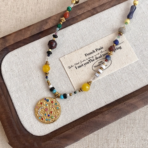 Collar Con Colgante Bohemio Vintage Acero Inoxidable Cuentas Piedra Coloridas Redondo Estrella Luna Joyería Étnica Mujer