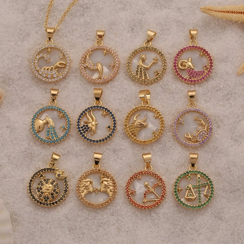 18K Gold Plated Copper Zodiac Sign Necklace Pendant For Women With Colorful Zircon Inlaid Mother Of Artificial Pearl Shell
