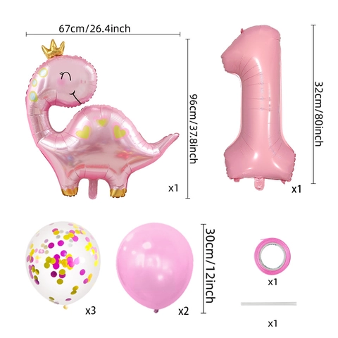 Set Di Palloncini In Alluminio Con Dinosauro Con Corona Rosa E Lattice Con Confetti Per Decorazione Festa Di Compleanno Ragazze Accessori Fotografia