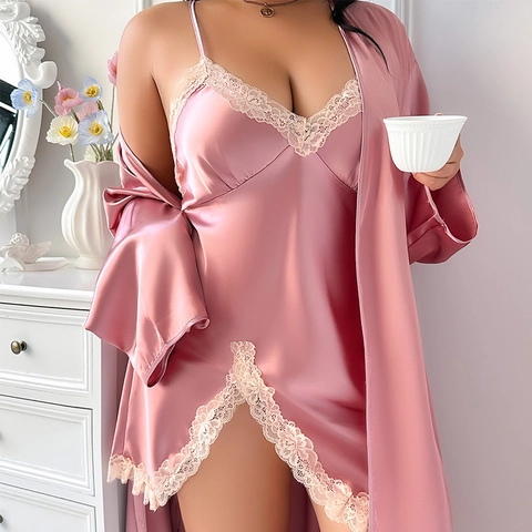Women Plus Size Pajama Imitation Satin Satin Lace Trim Nightgown And Robe Sleepwear Loungewear