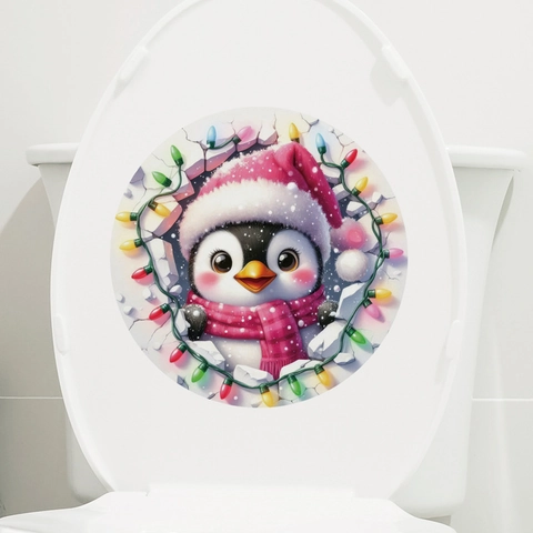 Christmas Toilet Seat Cover Sticker 3D Cartoon Reindeer Penguin PVC Removable Bathroom Decor Holiday Ornament
