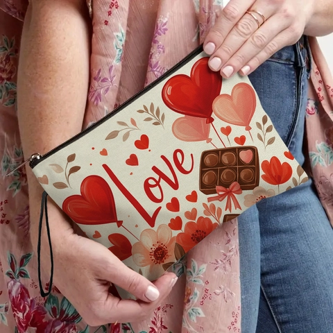 Trousse Trucco San Valentino Lino Fine Stampa Cuore Cioccolato Pochette Cosmetici Con Cerniera E Cinturino Da Polso