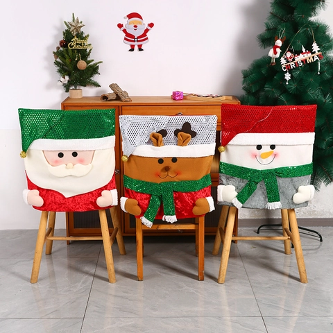 Christmas Chair Back Covers With Sequins And Plush Santa Snowman Reindeer Pattern For Dining Room Table Party Ornament Novelty