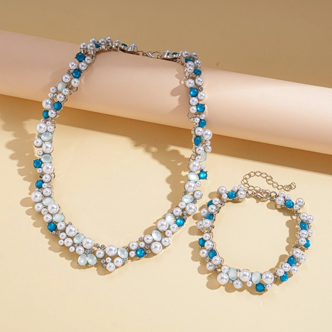 Gioielli Con Künstliche Perle Sintetiche Per Donna Con Perline In Resina Blu Lega Strass Collana Bracciale E Orecchini Retro Lusso