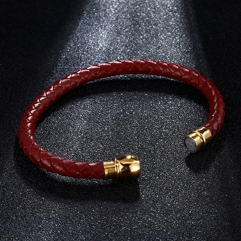 Bracelet En Cuir Tressé Pour Homme Avec Fermoir Magnétique En Acier Inoxydable Plaqué Or Bijoux De Mode Minimaliste