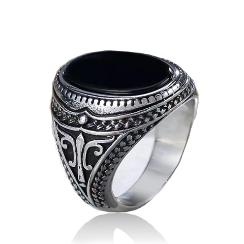Vintage Punk Gothic Stainless Steel Ring For Men With Black Stone Nordic Wolf Celtic Knot Patterns Signet Style
