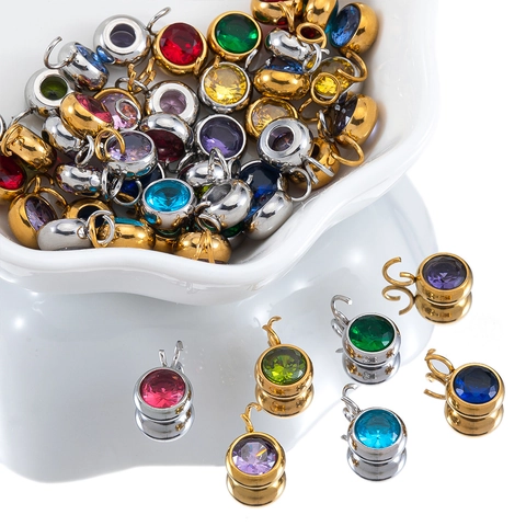 Round Stainless Steel Zircon Pendants Colorful Crystal Faceted Charms For DIY Jewelry Making Necklaces