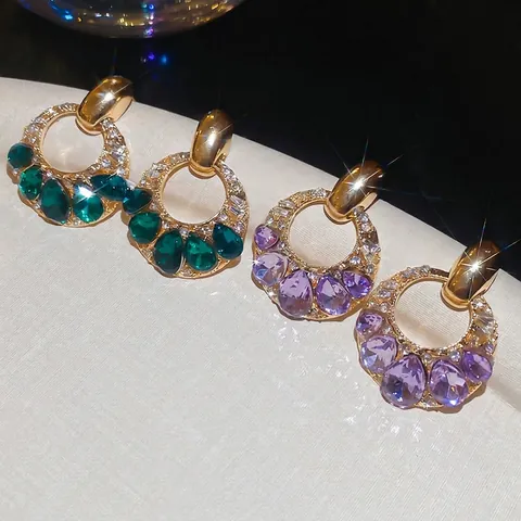 Orecchini A Cerchio Di Lusso Lega Strass Verde Viola Gemma Pera Con Perno In Argento Sterling 925 Per Donne