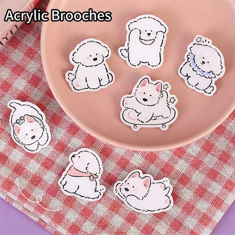 Cute Cartoon Dog Acrylic Brooch Badge Pin For Backpack Clothing Decor Kawaii Bichon Frise Samoyed Animal Accessories Gift