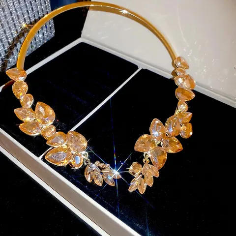 Choker Halskette Mit Champagner Strass Blatt Träne Legierung Metall Vintage Statement Schmuck Für Damen Luxus Elegant