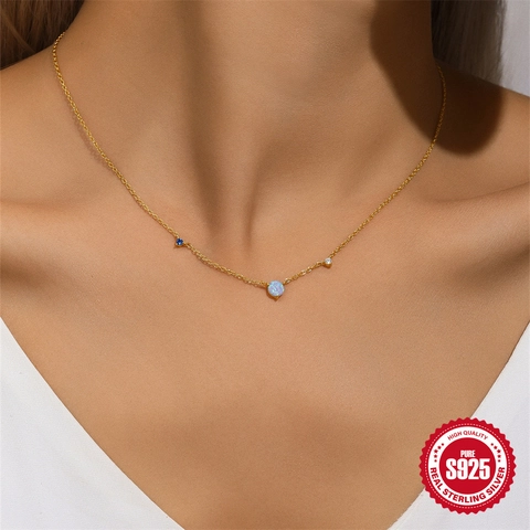 Collana In Argento Sterling 925 Placcata Oro Con Opale Sintetico E Zirconia Cubica Blu Bianco Gioielli Minimalisti Eleganti Da Donna