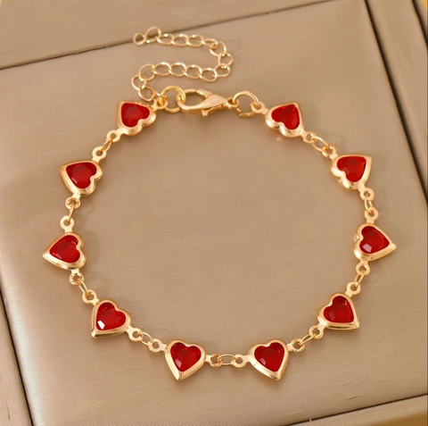 Colorful Gemstone Bracelet Copper Alloy Heart Shape Round Cut Adjustable Link Chain For Women Fashion Jewelry