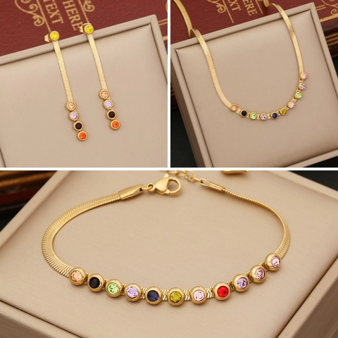 Gioielli In Acciaio Inossidabile Strass Tondi Colorati Placcato Oro Catena A Serpente Piatta Spina Di Pesce Moda Per Donne
