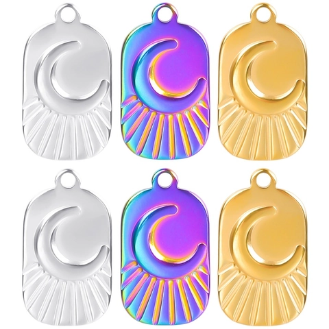Punk Stainless Steel Moon Sun Pendant Necklace For Women Men Gold Silver Iridescent Celestial Oval Tag Necklace Jewelry Gift