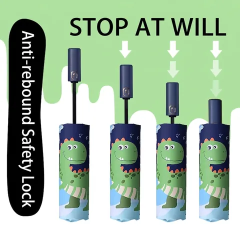 Kinderparaplu Dinosaurus Pongee Stalen Baleinen Reflecterende Strip Zwarte Coating UV Bescherming Automatisch Opvouwbaar