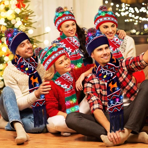 LED Leuchtende Weihnachts Mütze Und Schal Acryl Strick Jacquard Muster Warmer Winter Festliches Zubehör Erwachsene Kinder