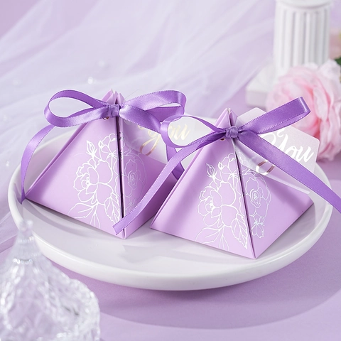 Pyramid Candy Gift Box Cardstock Packaging With Satin Ribbon And Tag Floral Pattern For Wedding Party Souvenir Elegant