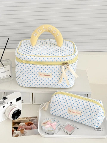 Borsa Per Cosmetici Trapuntata A Pois Grande Capacità Organizzatore Trucco Da Viaggio Pochette In Cotone Con Cerniera