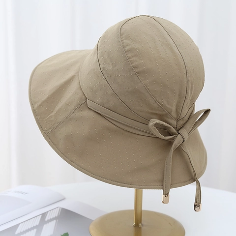 Women Sun Bucket Hat Wide Brim UV Protection Foldable Bowknot Ribbon Metal Tips Jacquard Fabric Elegant Summer Beach