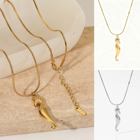 Collana Con Ciondolo A Forma Di Cavalluccio Marino In Acciaio Inossidabile Occhio Di Zircone Catena A Serpente Stile Marino Per Donna