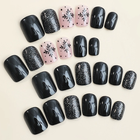 Press On Nails Short Square Black Snowflake Patterns Christmas Winter Style Silver Glitter Glossy False Nails For Women