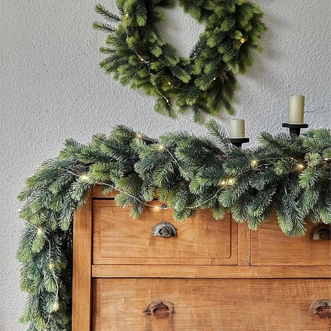 Artificial Pine Needle Christmas Garland With Warm LED Lights Realistic PE Plastic For Fireplace Table Home Decor