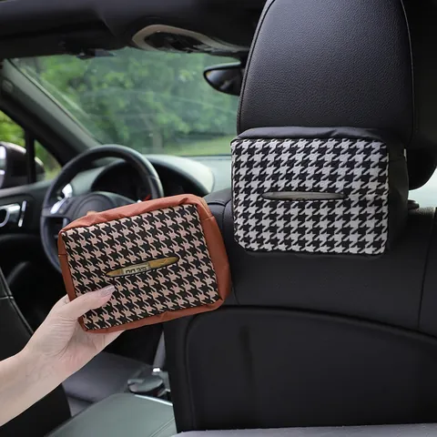 Houndstooth Tissue Box Houder Gebreide Stof PU Leer Hangende Auto Hoofdsteun Hoes Huis Kantoor Minimalistisch Decor