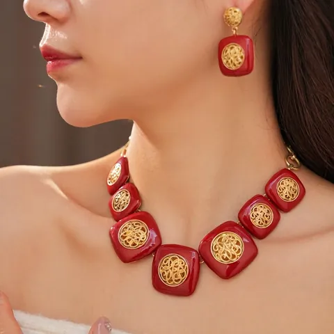 Set di Gioielli in Lega Smaltata Vintage Francese per Donna Collana con Pendente Quadrato in Filigrana Rosso Oro Orecchini Gioielli da Festa