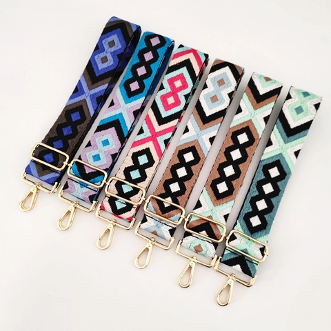 Woven Bag Strap Replacement Adjustable Shoulder Belt Geometric Bohemian Jacquard For Crossbody Handbag With Metal Buckle
