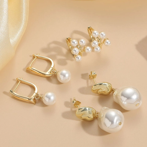 French Artificial Pearl Drop Earrings For Women 14K Gold Plated Copper Zircon Cluster Baroque Minimalist Luxury Elegant Jewelry