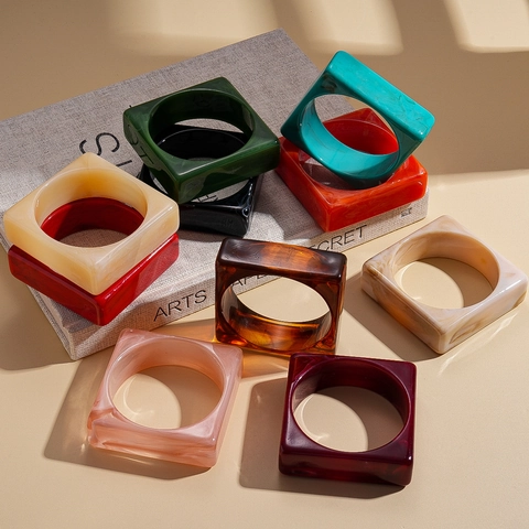Square Acrylic Bangle Bracelet For Women Retro Marble Pattern Wide Geometric Resin Hand Jewelry Fashion Unique