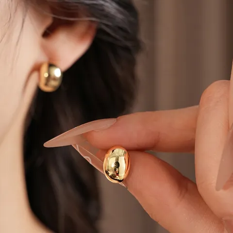 Minimalist Geometric Oval Stud Earrings Mirror Polish Alloy With Silver Earring Post