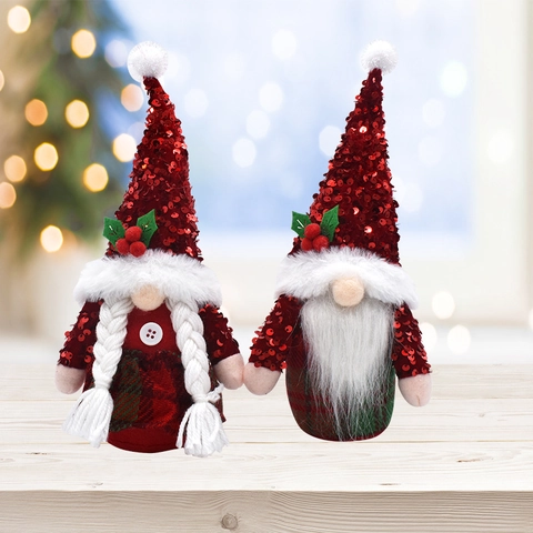 Nain De Noël En Peluche Poupée Sans Visage Chapeau À Paillettes Décoration De Table Tissu À Carreaux