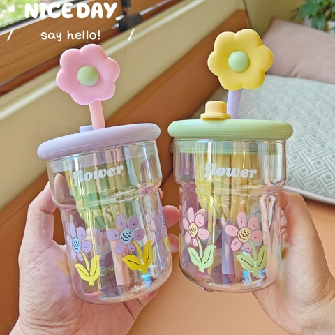 High Borosilicate Glass Water Cup With Straw Lid Cute Flower Pattern Heat Resistant Aesthetic Drinking Bottle For Women Girls