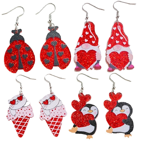 San Valentino Acrilico Glitter Animale Orecchini Pendenti Simpatici Rosso Rosa Cuore Gnomo Pinguino Gatto Flamingo per Donne Ragazze Regalo